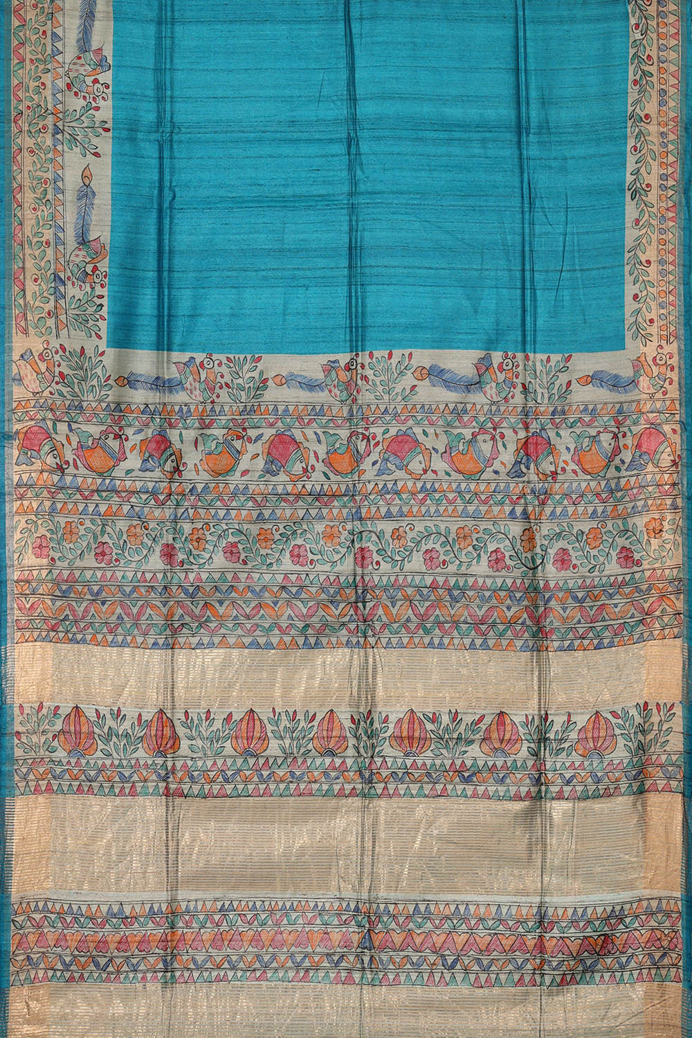 Image of Printed Tussar Ocean Blue Saree